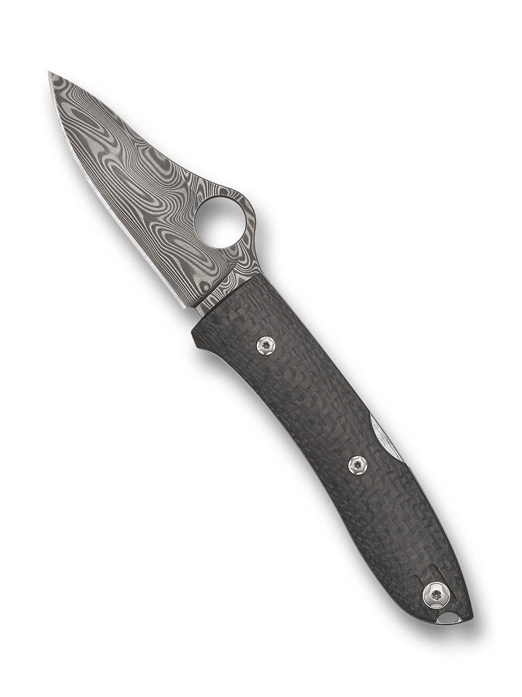 Spyderco SpyOpera C255CFPD open position showing acid-etched Thor Damasteel blade