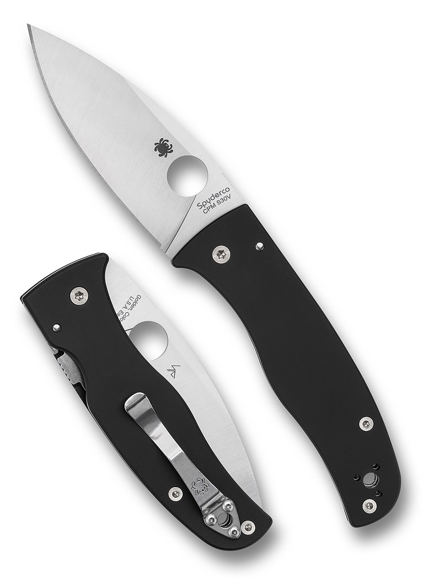 Spyderco Bodacious C263GP satin CPM-S30V blade with black G-10 handle, open and closed views