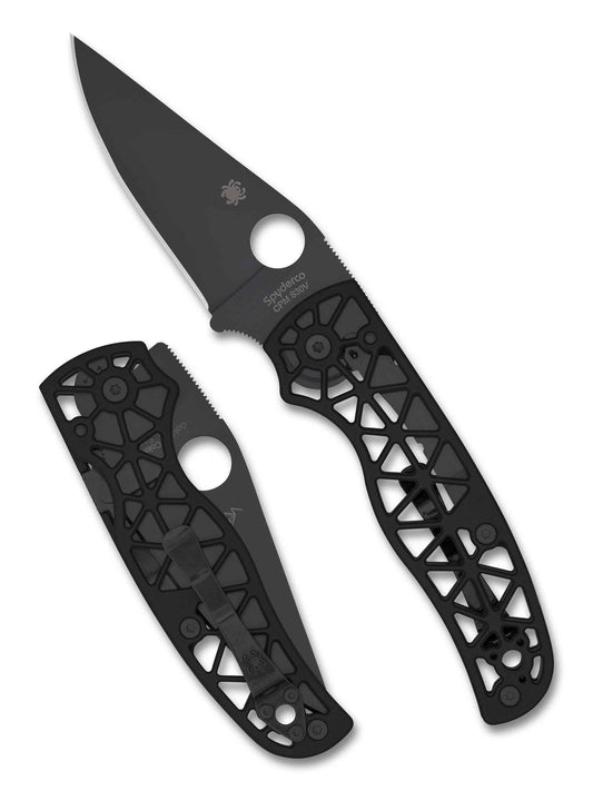 Spyderco Edgerati C266BKALBKP front view – 3.57" black DLC CPM S30V folding knife with black aluminum handle, shown open and closed