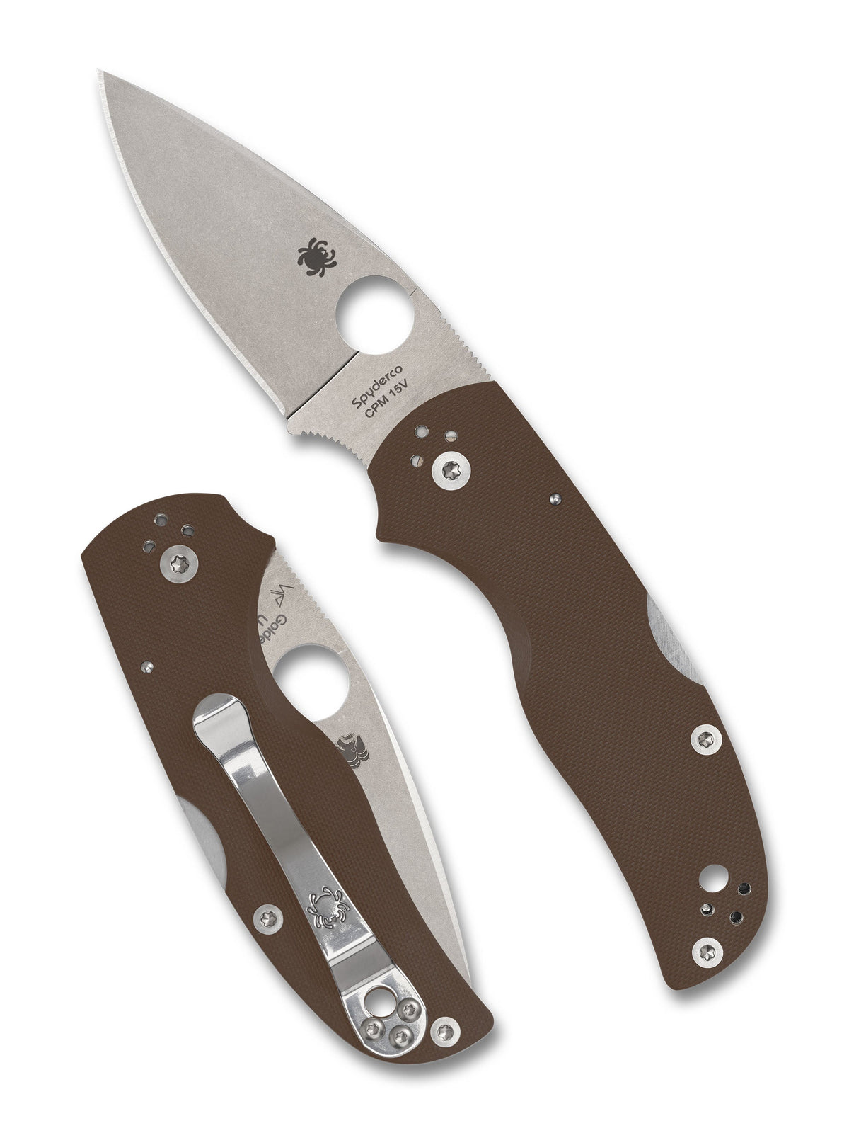 Spyderco Native 5 Sprint Run C41GPBN15V5 front view – 2.95″ satin CPM 15V drop point folding knife, brown G-10