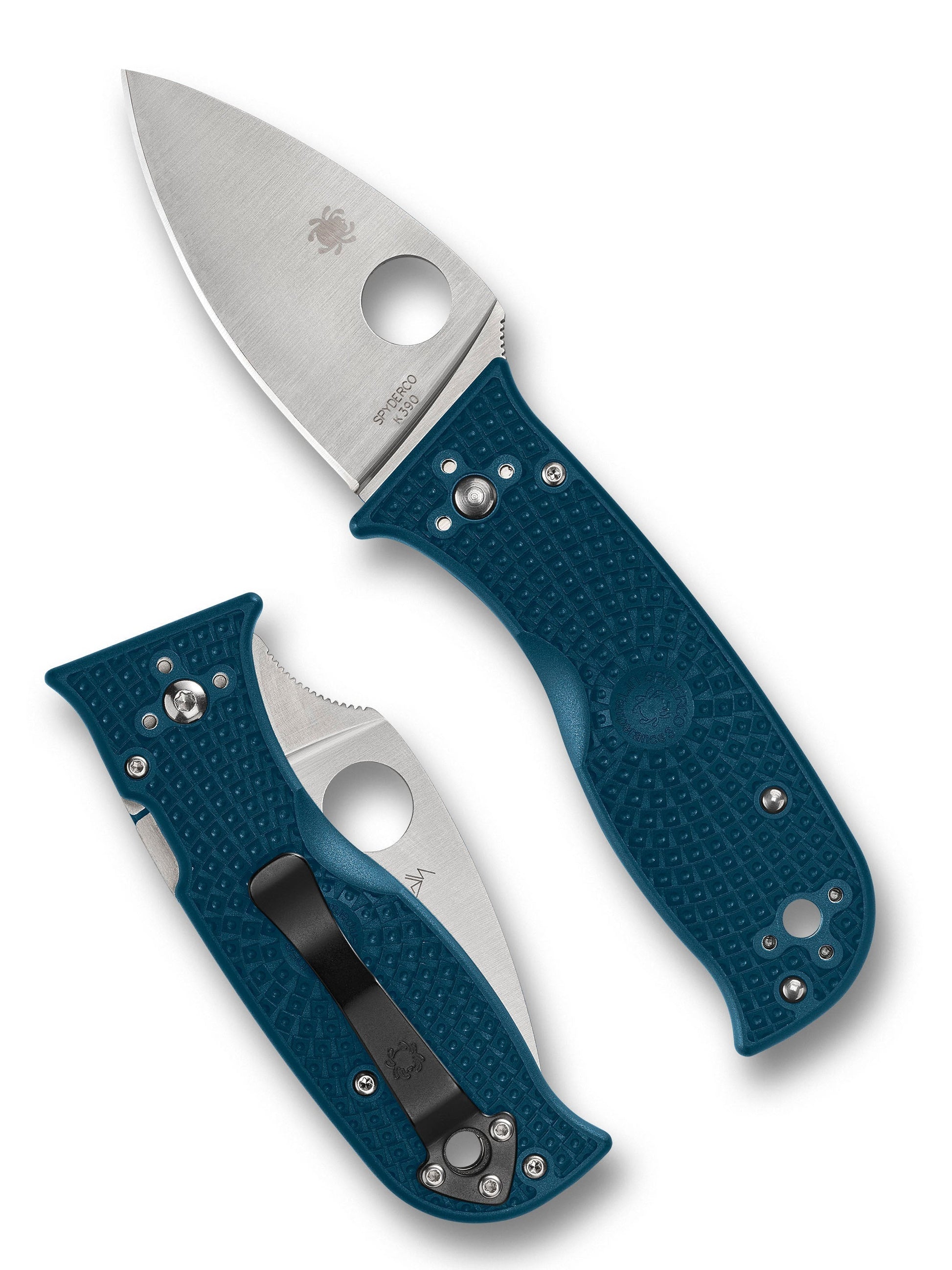 Spyderco Lil' Temperance 3 Lightweight K390 C69PBL3K390 front view, blue FRN handle