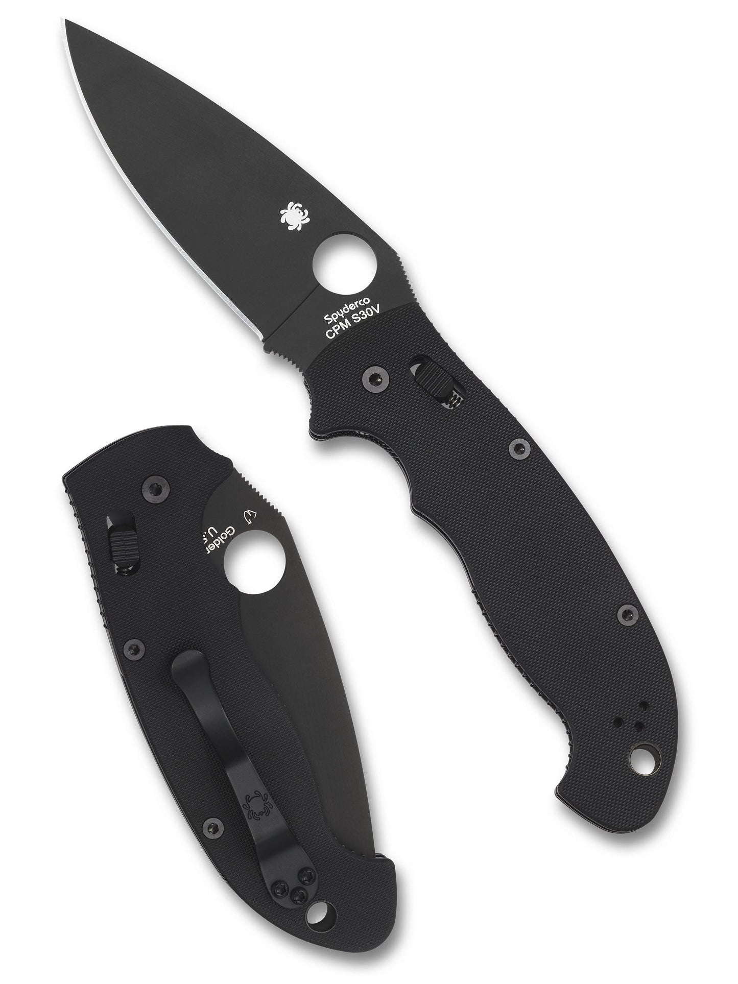 Spyderco Manix 2 XL C95GPBBK2 folding knife shown open and closed, black DLC CPM S30V blade with black G-10 handle