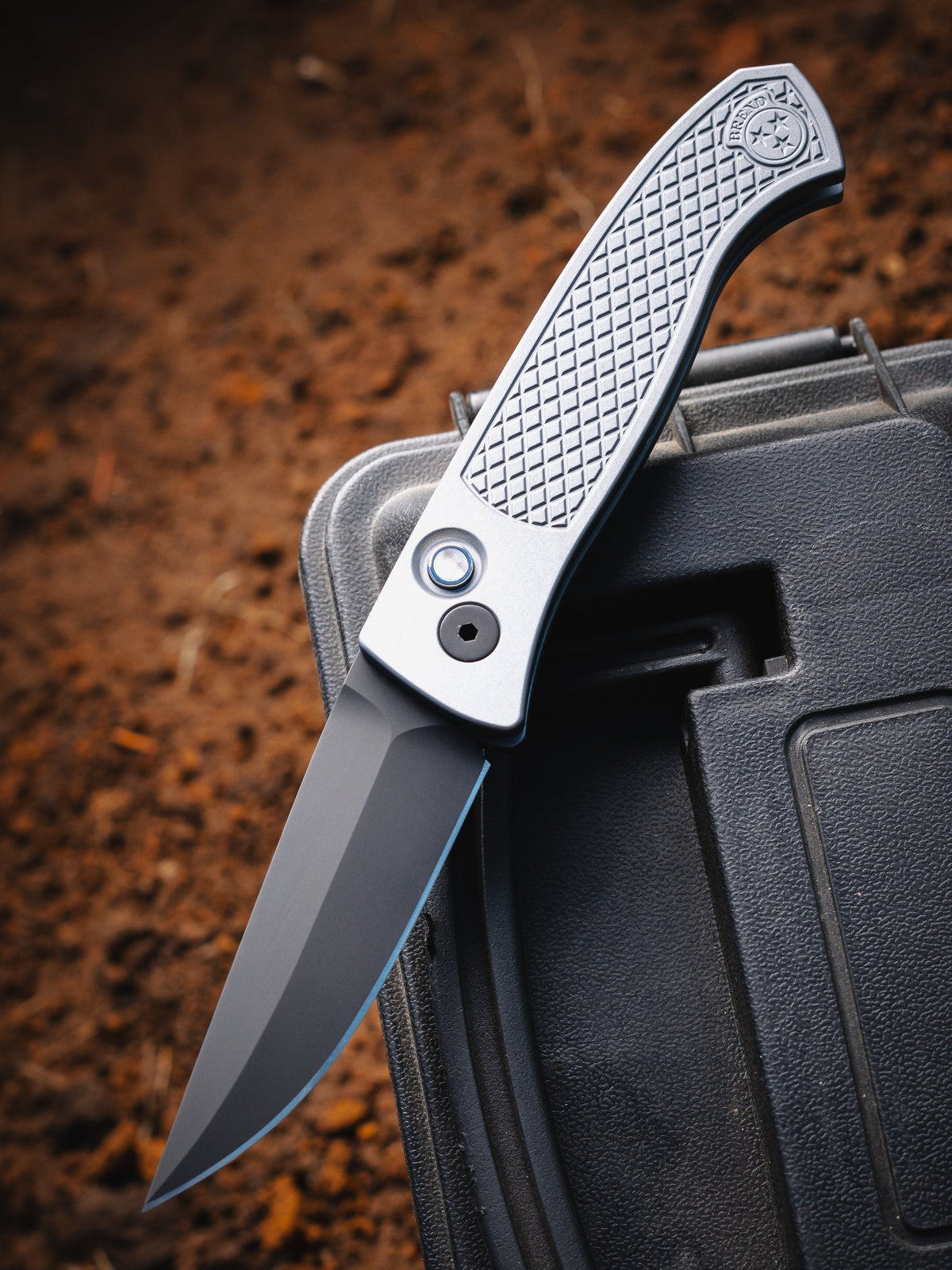 Pro-Tech Brend Classic CCKSF26.Brend.1 front view – 3.35" DLC black MagnaCut drop point automatic knife, diamond textured grey aluminum