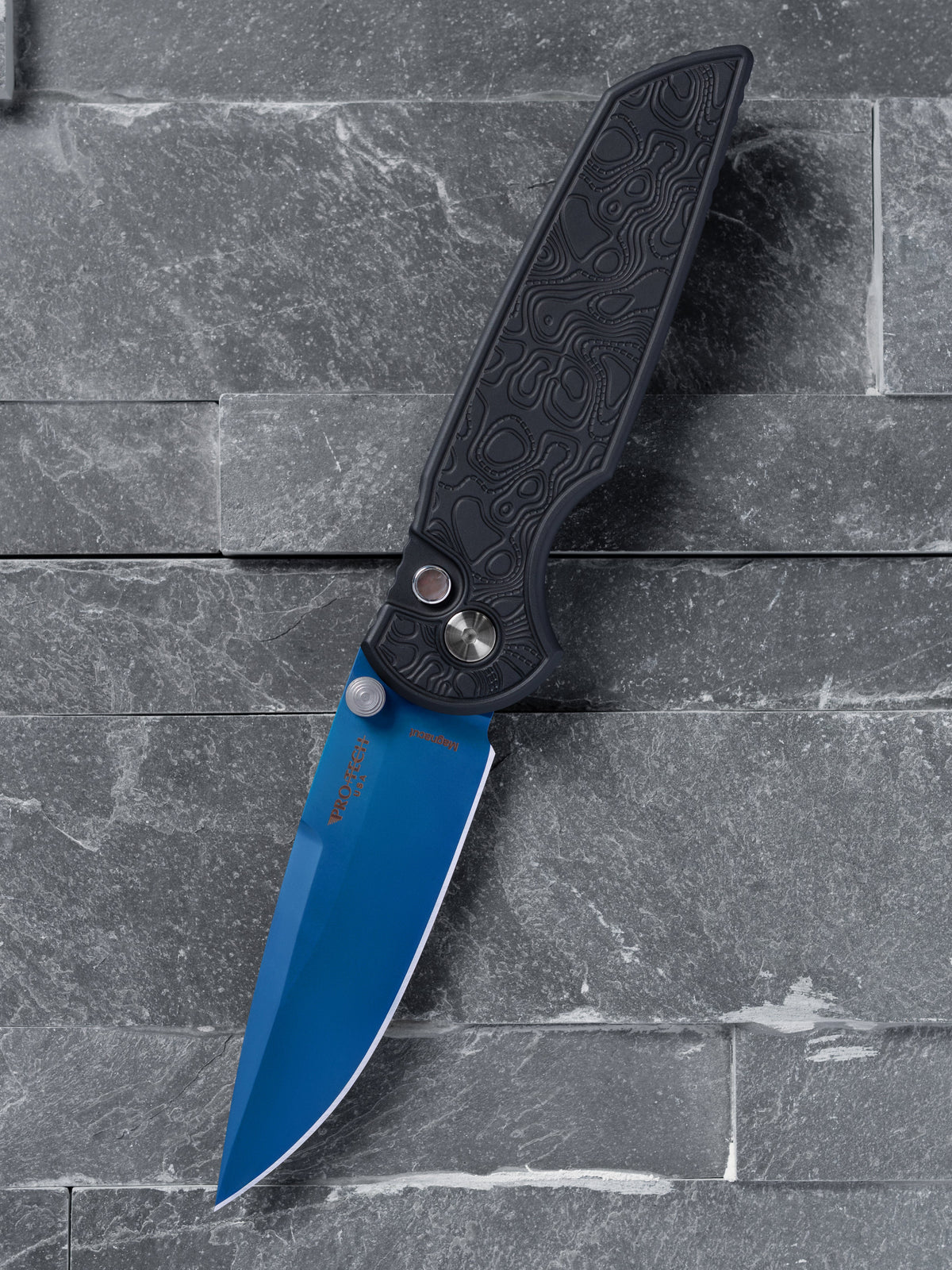 Pro-Tech TR-3 Integrity CCKSF26.INT.1 front view – 3.5" denim PVD MagnaCut spear point manual folding knife