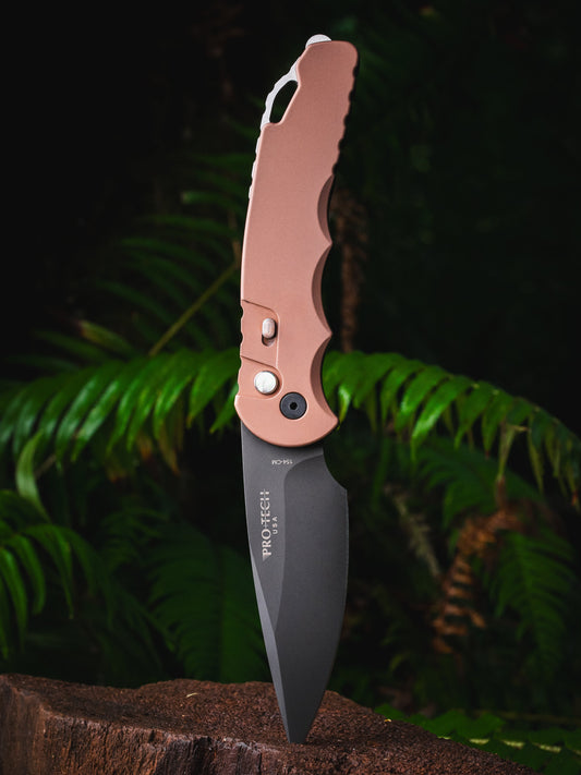 Pro-Tech TR-4 CCKSF26.TR4.1 front view – 4" DLC black 154CM saber grind automatic knife, brown handle