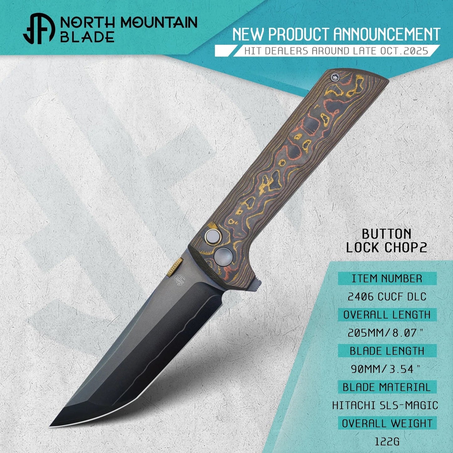 North Mountain Blade CHOP2 – 3.5" Tanto SLD-Magic Copper-Inlaid Carbon Fiber .45-Style Thumb Disc (2406-CUCF-DLC)