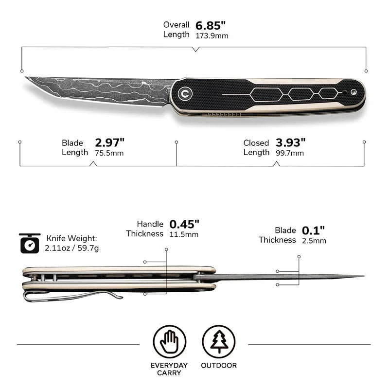 We Knife Co Ltd KwaiQ 2.97" Damascus Ivory/ Black G10 C23015-DS1