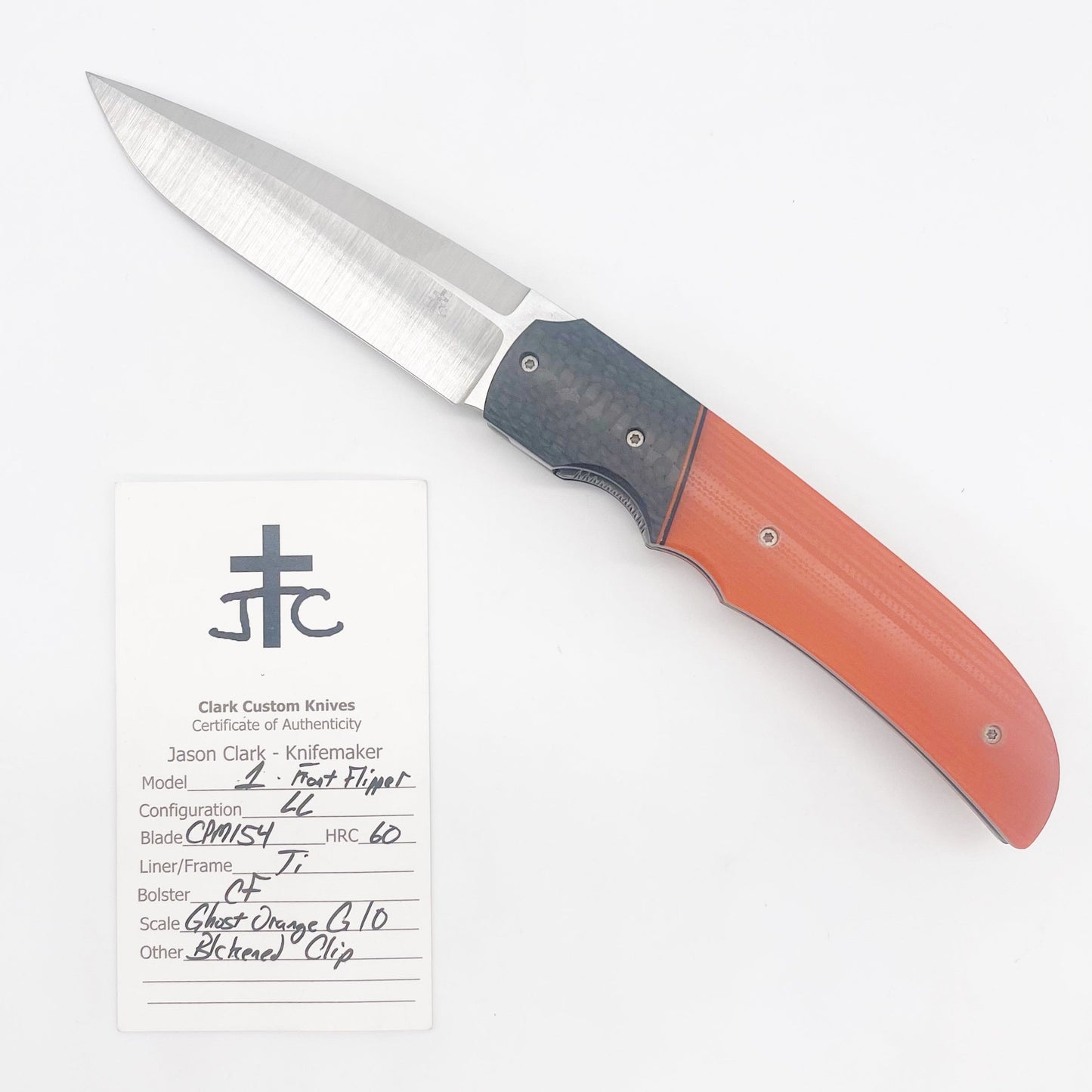 Clark Custom Knives Model 1 Front Flipper – CPM154 Ghost Orange G10 Liner Lock Custom Folding Knife