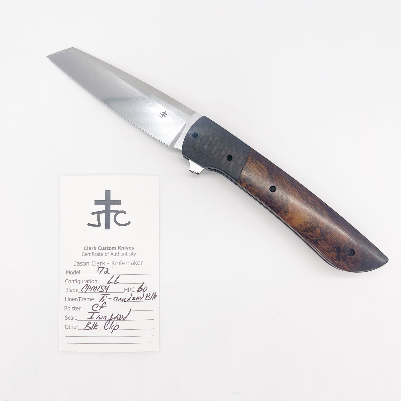Clark Custom Knives Model 72 Flipper – CPM154 Ironwood & Carbon Fiber Liner Lock Custom Folding Knife