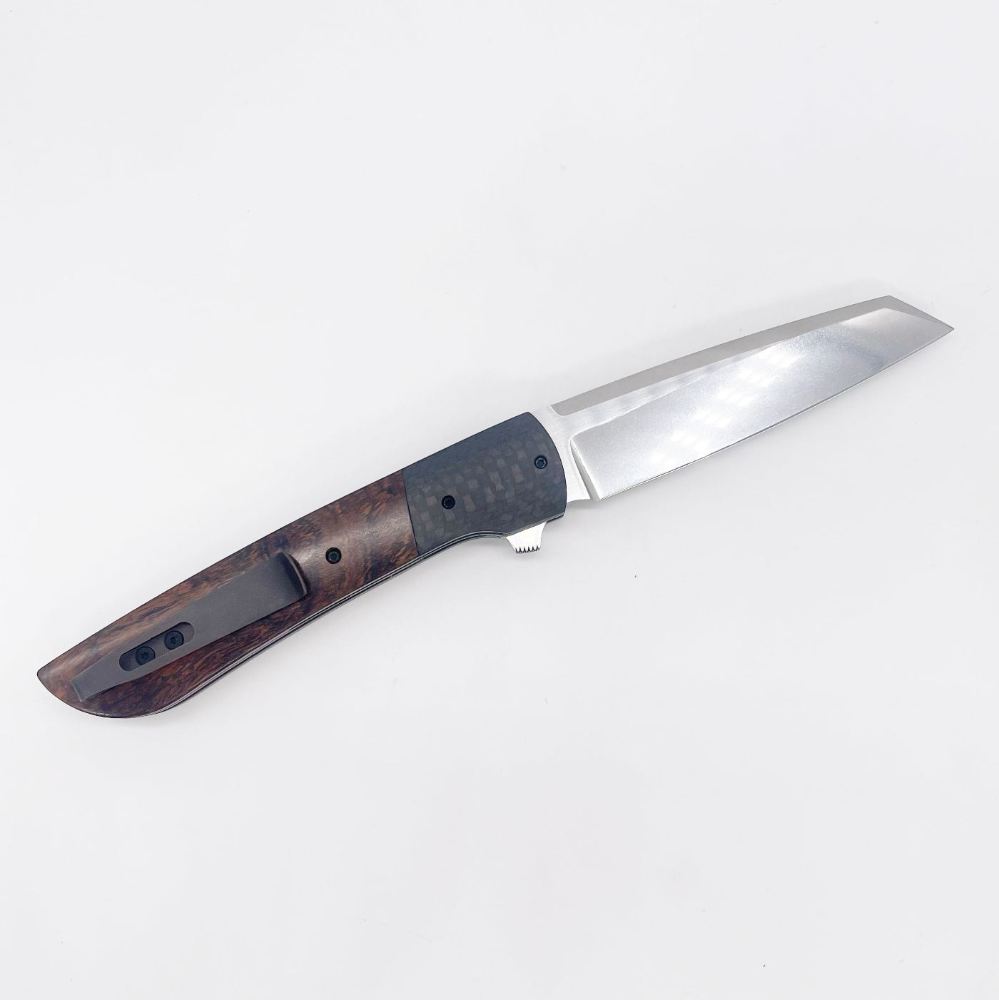 Clark Custom Knives Model 72 Flipper – CPM154 Ironwood & Carbon Fiber Liner Lock Custom Folding Knife