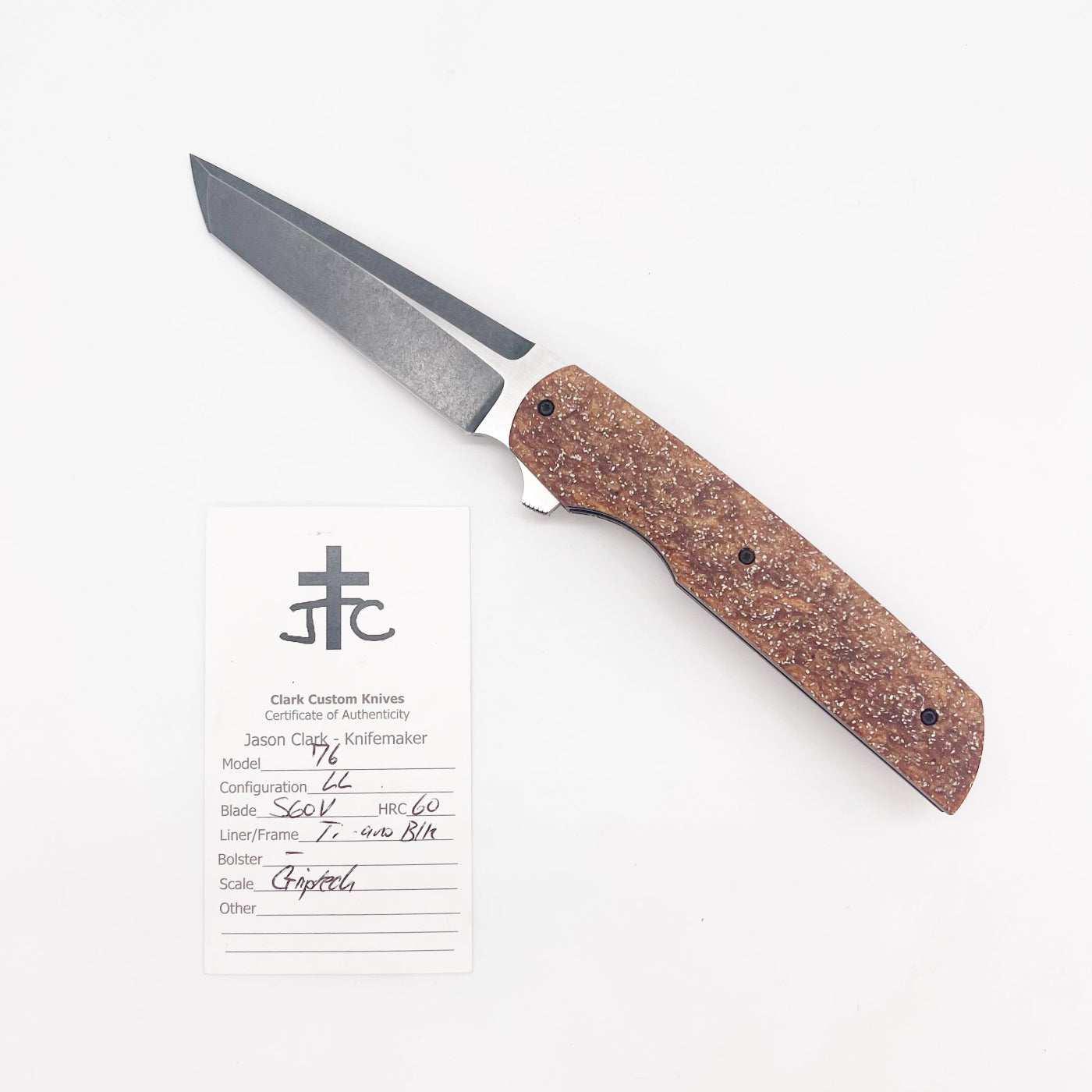 Clark Custom Knives Model 76 Flipper – S60V Copper Griptech Liner Lock Custom Folding Knife