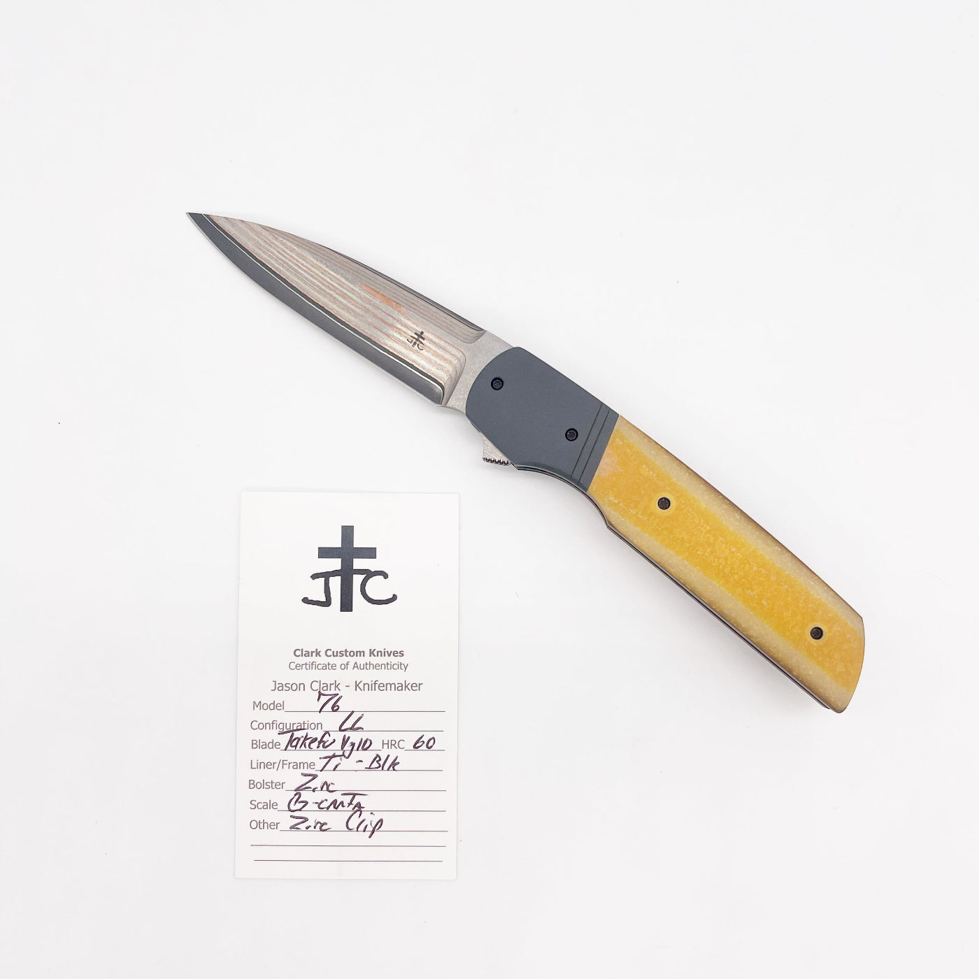 Clark Custom Knives Model 76 Flipper – Takefu VG10 Zirc & Natural G-Carta Liner Lock Custom Folding Knife