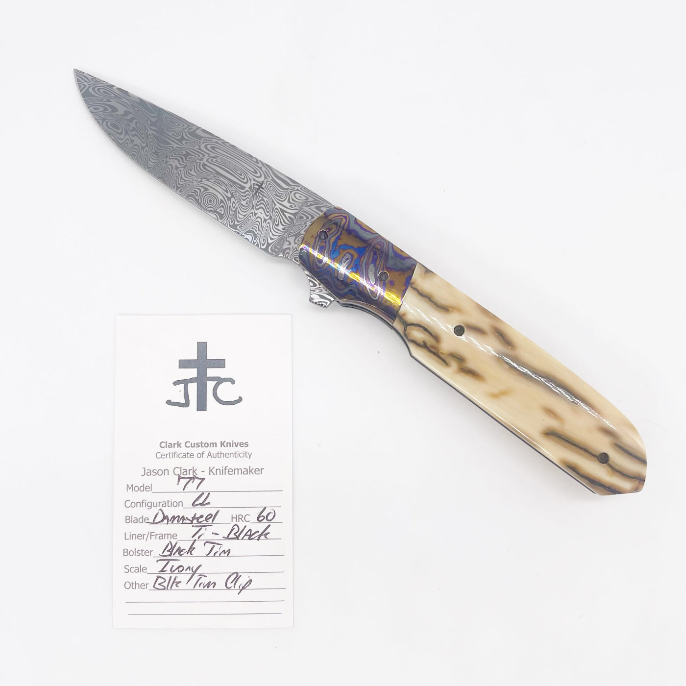 Clark Custom Knives Model 77 Flipper – Damasteel Ivory & Black Timascus Liner Lock Custom Folding Knife