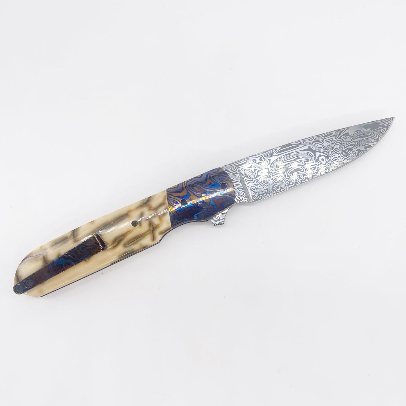Clark Custom Knives Model 77 Flipper – Damasteel Ivory & Black Timascus Liner Lock Custom Folding Knife