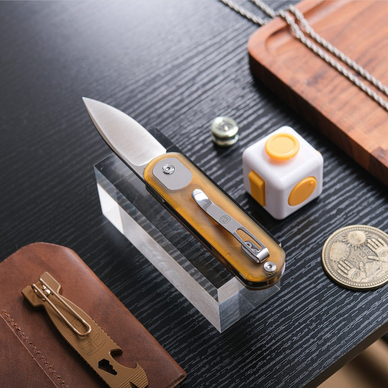 Vosteed Corgi Pup Trek Lock Knife 2.37" S35VN Satin Blade Amber PEI Handle A0723