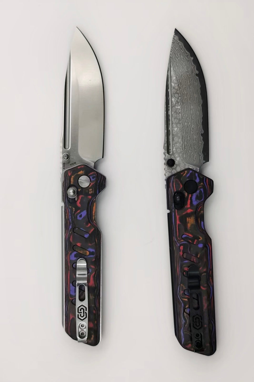 Critical Strike X504-SA-PRCF – 3.39" Satin VG10 Crossbar Lock Knife Purple/Red/Orange Carbon Fiber Exclusive