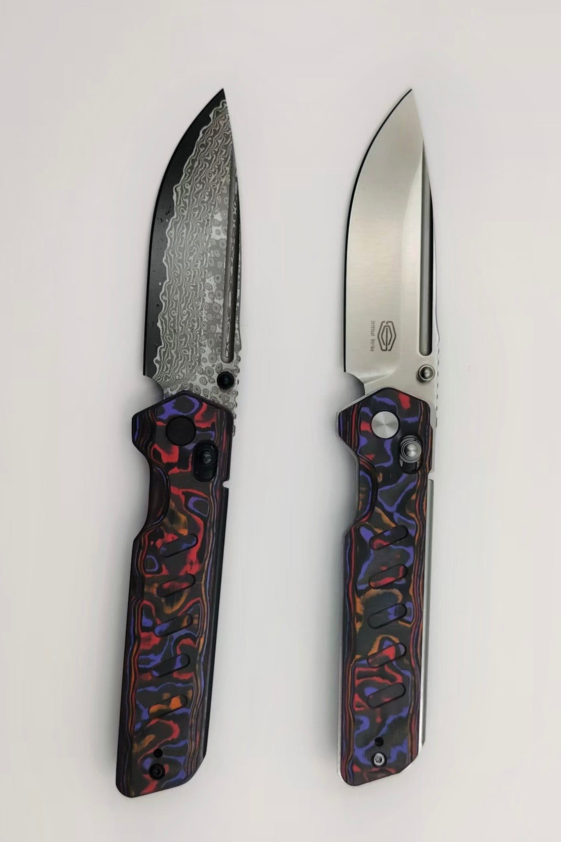Critical Strike X504-TM-PRCF  – 3.39" Damascus VG10 Crossbar Lock Knife Purple/Red/Orange Carbon Fiber Exclusive