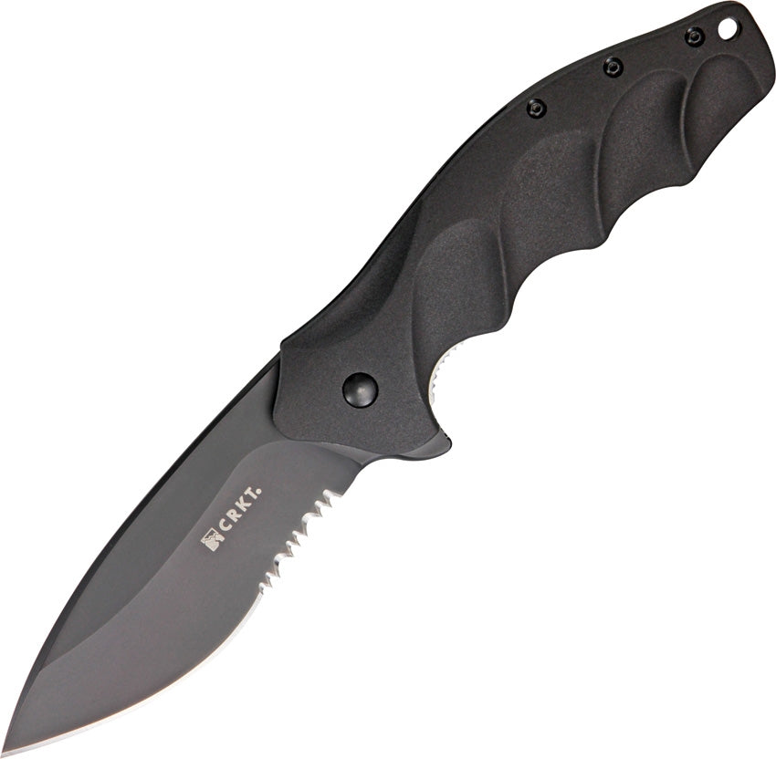 CRKT Foresight K220KKS front view – 3.50 inch black Ti-Nitride AUS 8 modified drop point folding knife with black aluminum handle