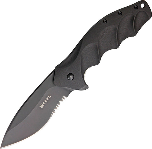 CRKT Foresight K220KKS front view – 3.50 inch black Ti-Nitride AUS 8 modified drop point folding knife with black aluminum handle