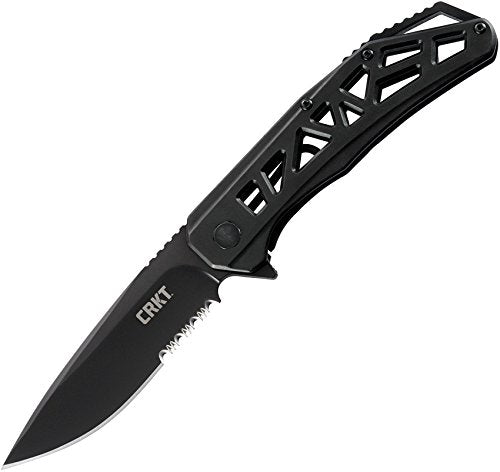 CRKT Gusset K330KKS front view – 3.57 inch black oxide 8Cr13MoV drop point flipper with gusseted stainless steel frame lock handle