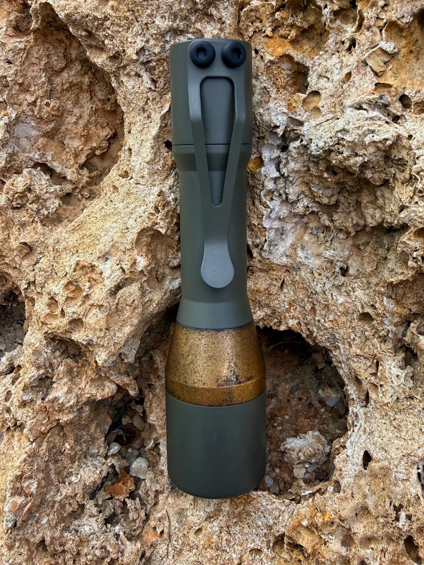 CWF Mini Turbo â€“ 55,000 Candela 14500 Titanium / Copper Flashlight (USA Made, Moss Cerakote, Copper)