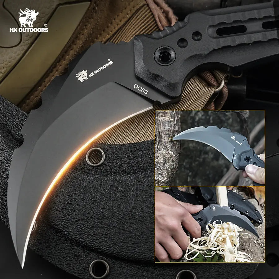 HX Outdoors Shadowfang Claw D-317 blade detail – black titanium coated DC53 karambit edge