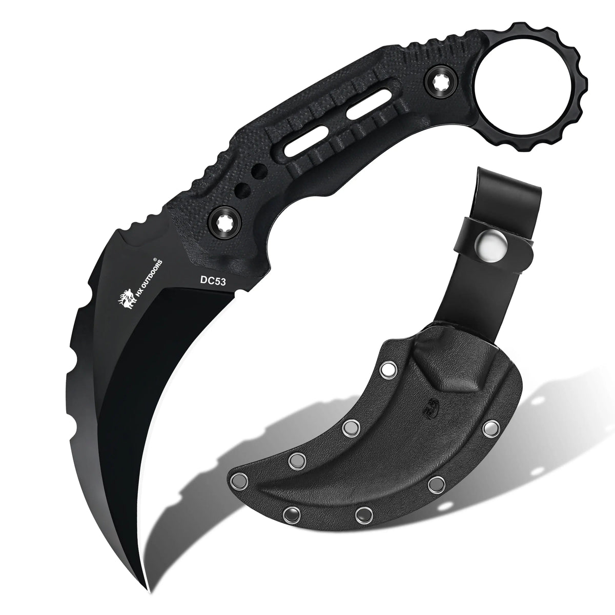 HX Outdoors Shadowfang Claw D-317 front view – 4.7" DC53 fixed blade karambit knife with Kydex sheath