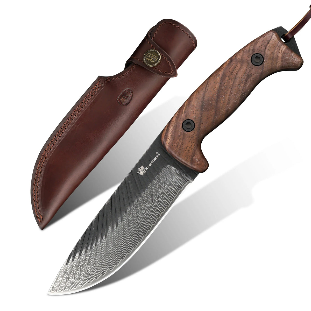 HX Outdoors Junglord D-340 front view – 5.59" drop point fixed blade bushcraft knife with leather sheath