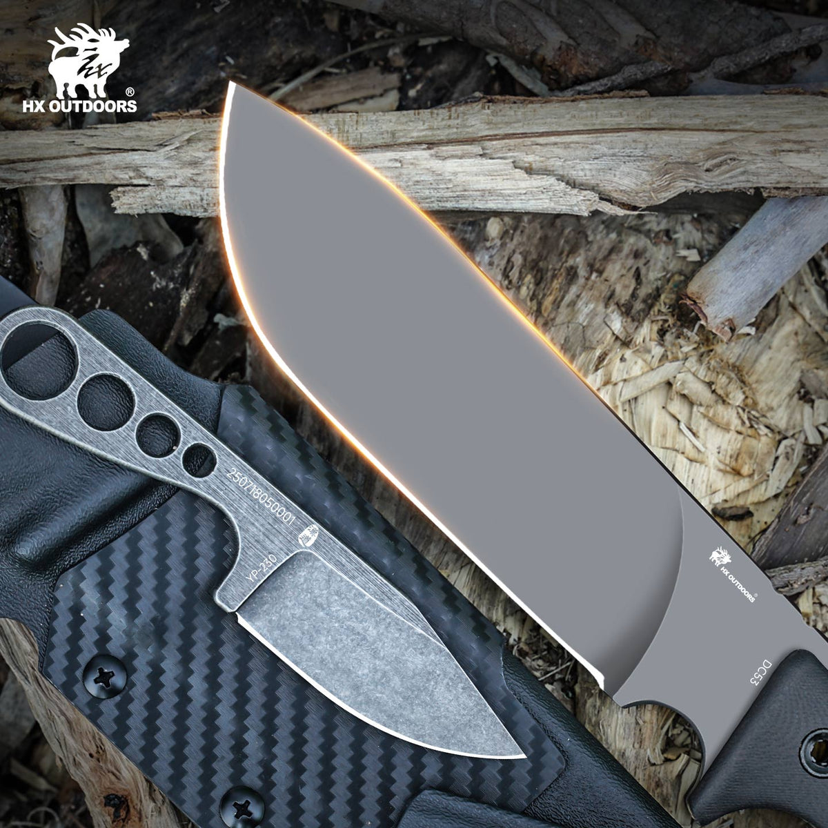 HX Outdoors Rock Apex Pro D-342 blade detail – gray titanium coated DC53 drop point