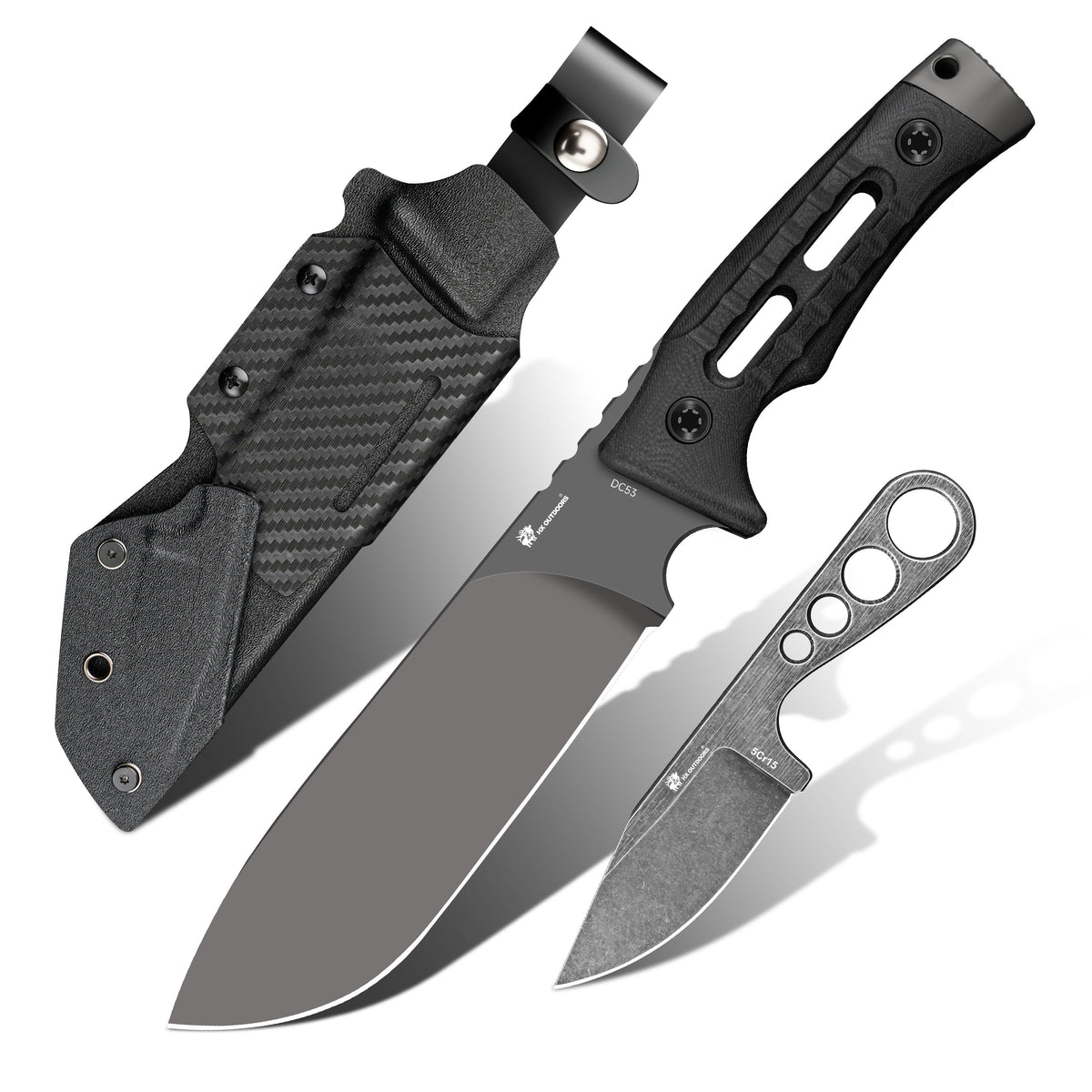 HX Outdoors Rock Apex Pro D-342 front view – 5.51" drop point fixed blade survival knife with companion knife and Kydex sheath