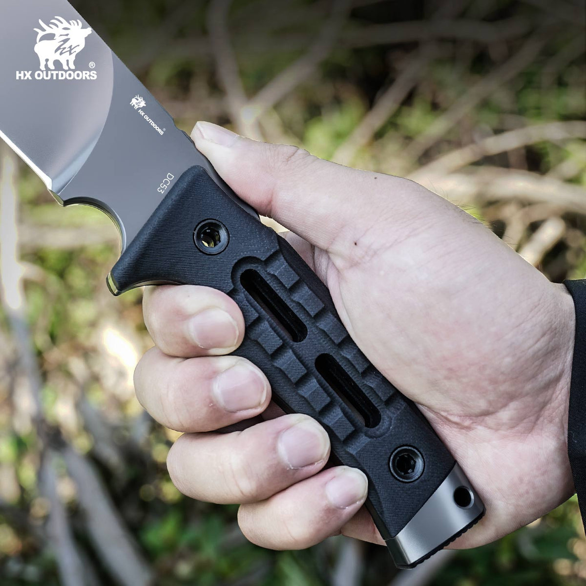 HX Outdoors Rock Apex Pro D-342 black G10 handle detail with 440 steel glass breaker