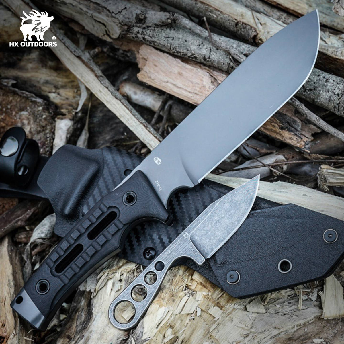 HX Outdoors Rock Apex Pro D-342 with carbon fiber pattern Kydex sheath and 5Cr15 companion knife