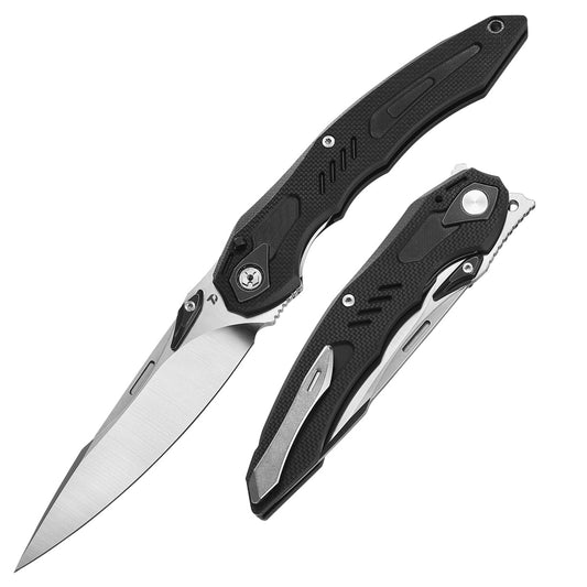 DreamTech D1101GB front view – 4.76" satin D2 drop point folding knife with black G10 handle and liner lock