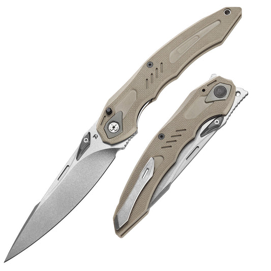 DreamTech D1101 D1101GD front view – 4.76" satin D2 drop point folding knife with beige G10 handle and liner lock