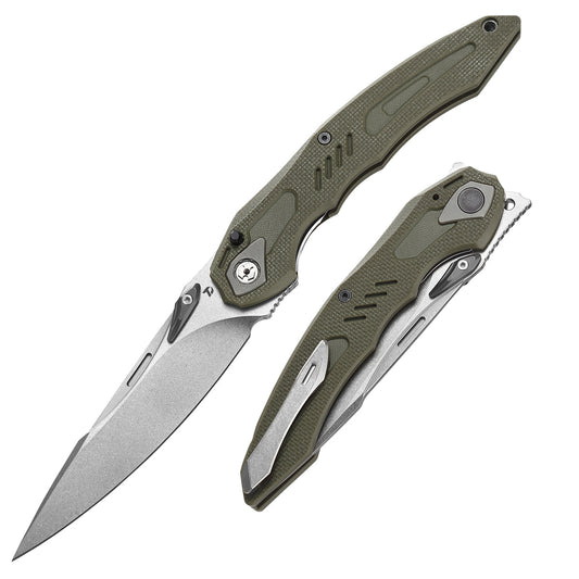 DreamTech D1101GGR front view – 4.76″ satin D2 drop point folding knife, green G10 handle, liner lock