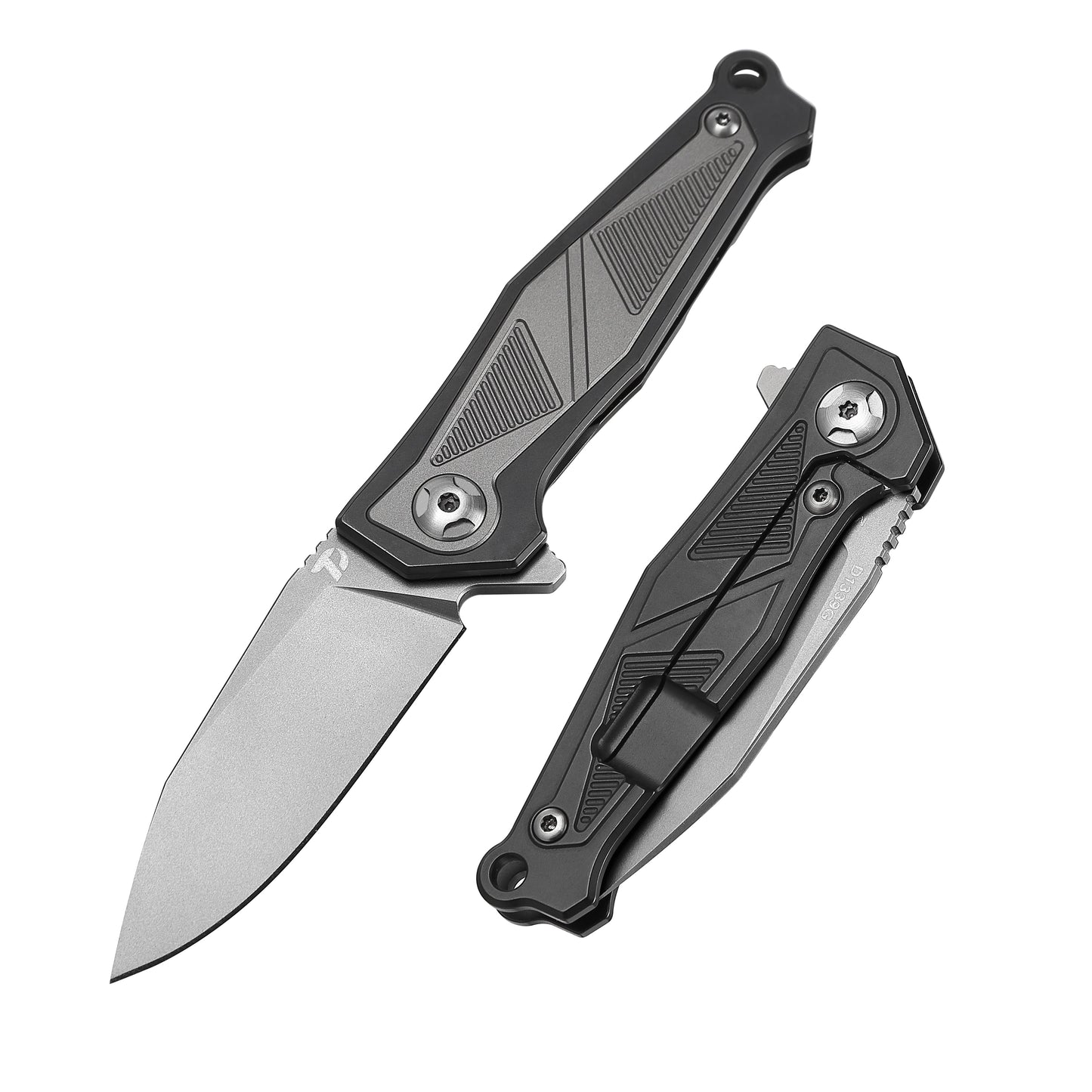 DreamTech D1339G front view – 3.03" satin M390 drop point mini folding knife, gray titanium-zirconium handle, liner lock