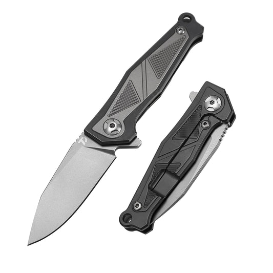 DreamTech D1339G front view – 3.03" satin M390 drop point mini folding knife, gray titanium-zirconium handle, liner lock