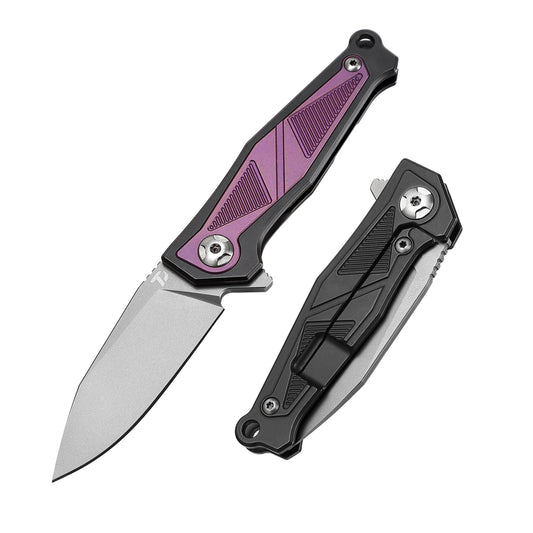 DreamTech D1339P front view – 3.03" satin M390 drop point mini folding knife, purple titanium-zirconium handle, liner lock