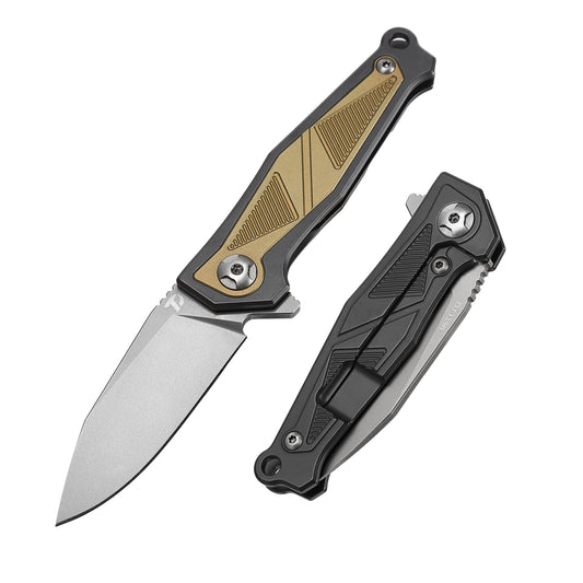 DreamTech D1339Y front view – 3.03" satin M390 drop point mini folding knife, gold titanium-zirconium handle, liner lock