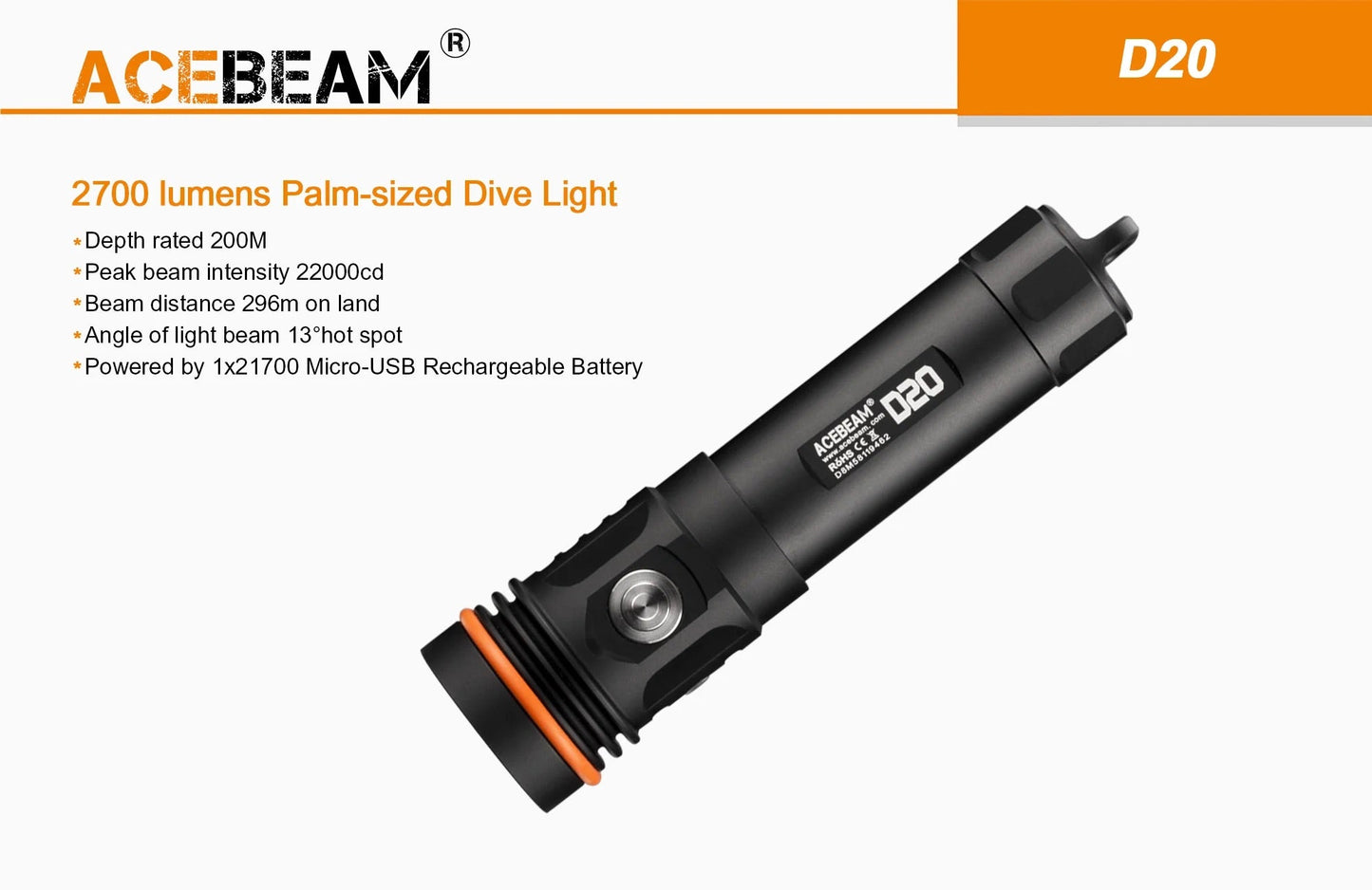 Acebeam D20 2700 Lumen Waterproof Dive Light 1 * 21700 USB-C Rechargeable Battery Pre-Installed