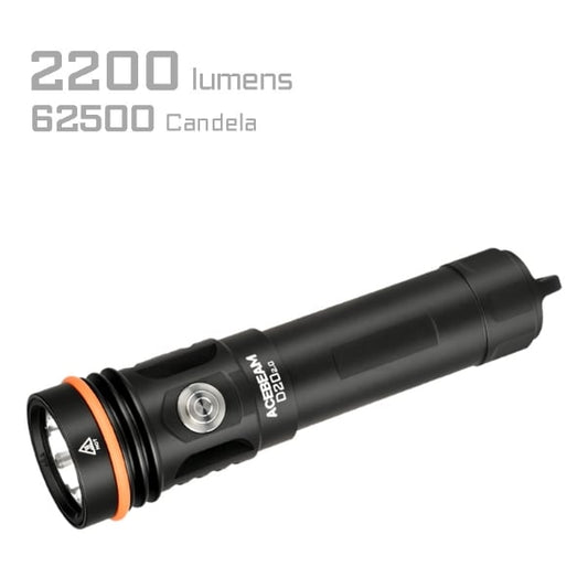 Acebeam D20 2.0 front view – 2200 lumen dive flashlight