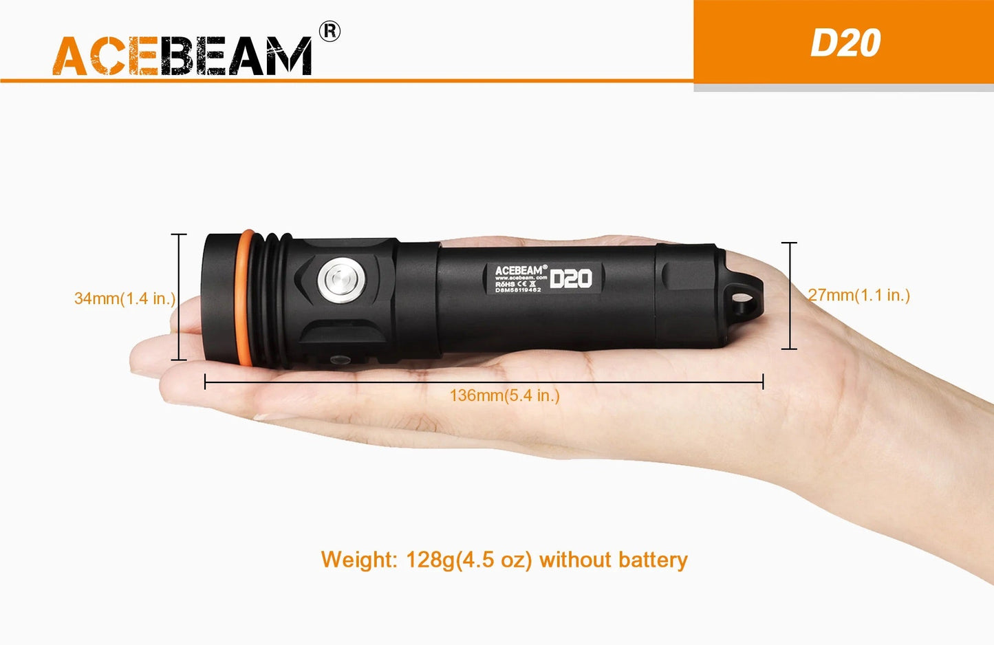 Acebeam D20 2700 Lumen Waterproof Dive Light 1 * 21700 USB-C Rechargeable Battery Pre-Installed