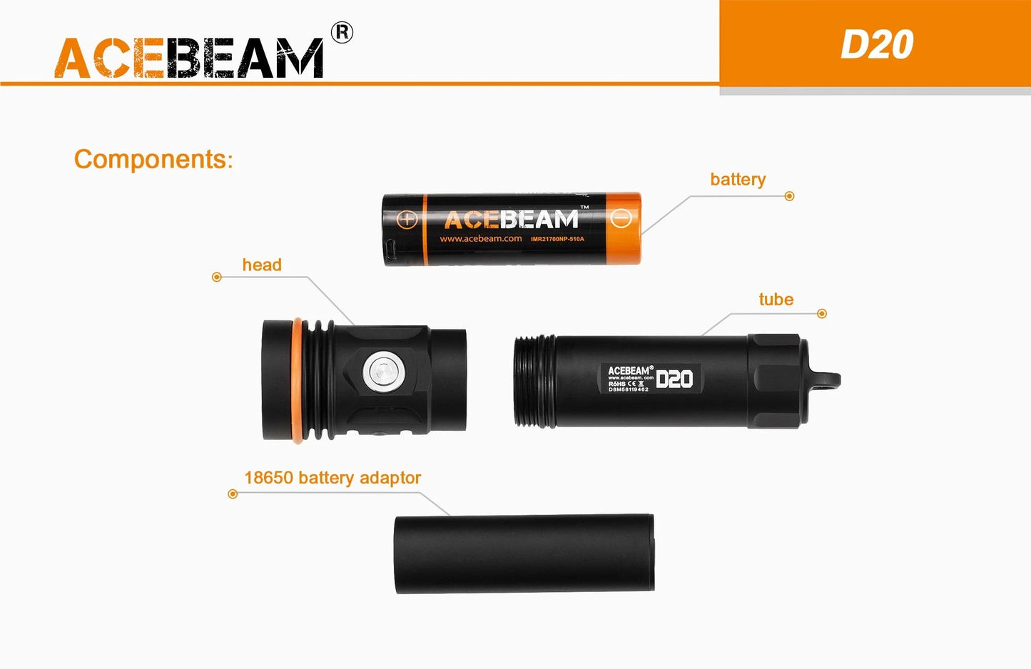 Acebeam D20 2700 Lumen Waterproof Dive Light 1 * 21700 USB-C Rechargeable Battery Pre-Installed