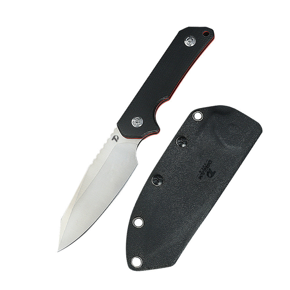 DreamTech D3019GB front view – 4.25" satin D2 drop point fixed blade, black G10 handle, Kydex sheath