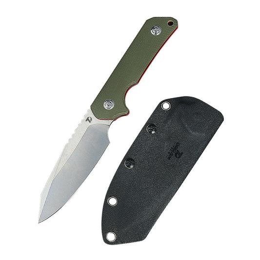 DreamTech D3019GG front view – 4.25" satin D2 drop point fixed blade, OD green G10 handle, Kydex sheath