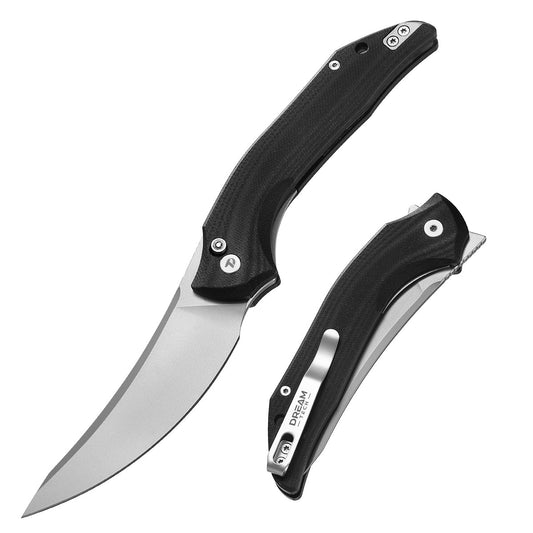 DreamTech D3052GB front view – 3.58" satin D2 trailing point folding knife, black G10 handle, liner lock