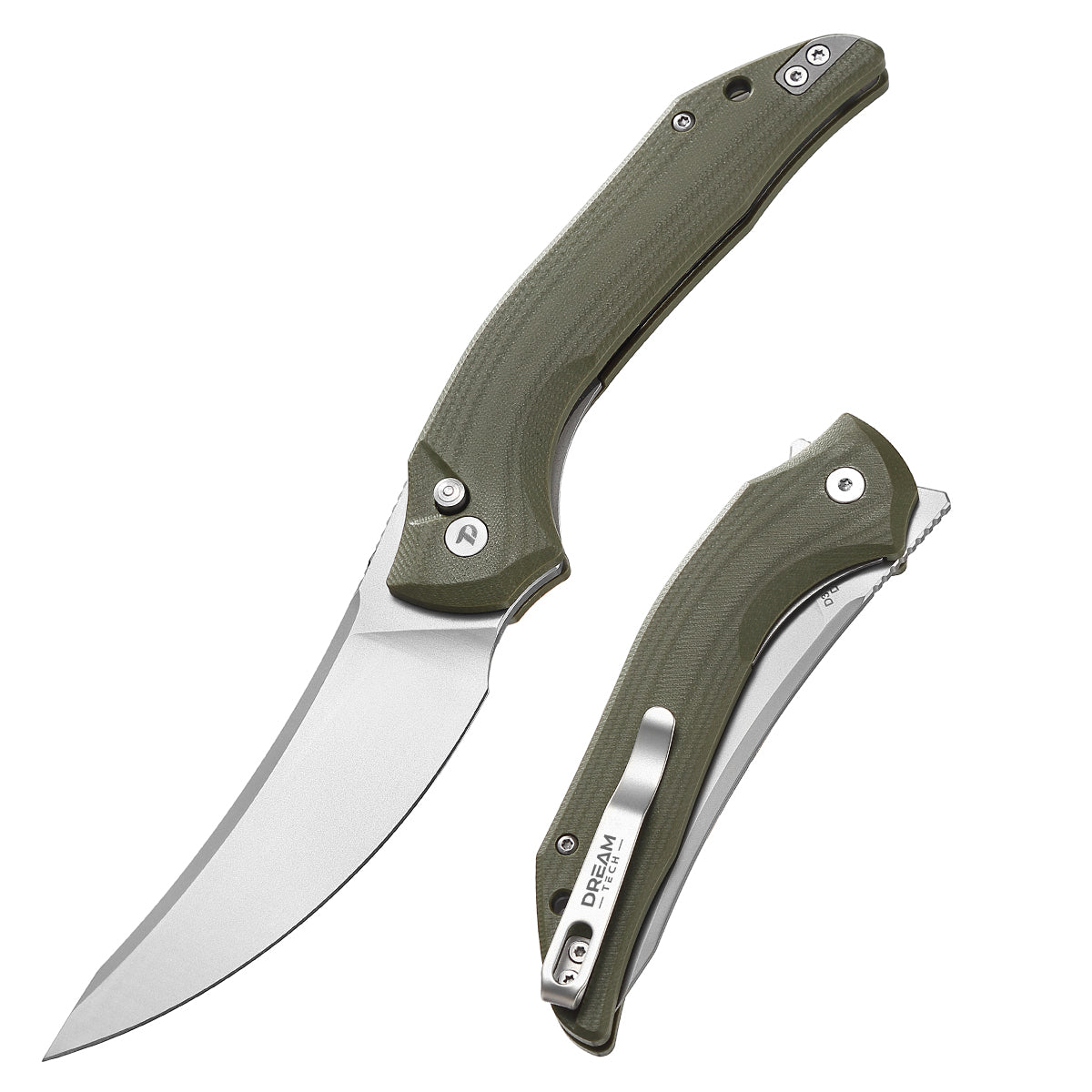 DreamTech D3052GGR front view – 3.58" satin D2 trailing point folding knife, green G10 handle, liner lock