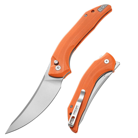 DreamTech D3052GO front view – 3.58" satin D2 trailing point folding knife, orange G10 handle, liner lock