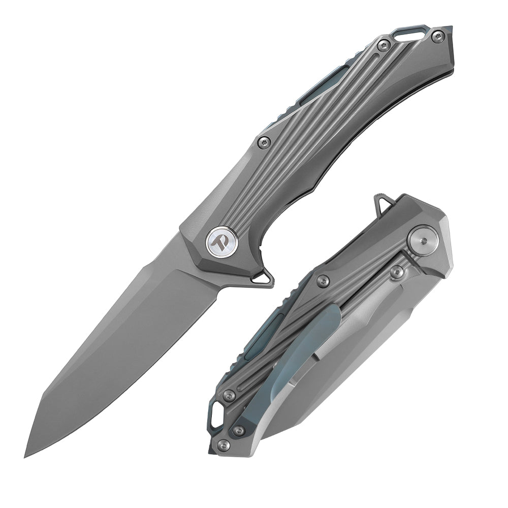 DreamTech D3287TG front view – 3.74" satin D2 drop point folding knife, gray titanium handle, liner lock