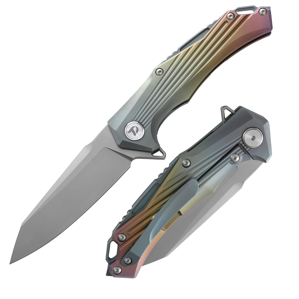 DreamTech D3287TM front view – 3.74" satin D2 drop point folding knife, multicolor titanium handle, liner lock